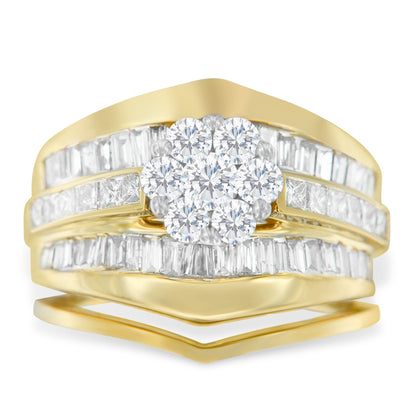14K Yellow Gold 2-1/3 Cttw Diamond Cluster Channel Set Chevron Shaped Band Engagement Ring & Wedding Band Set