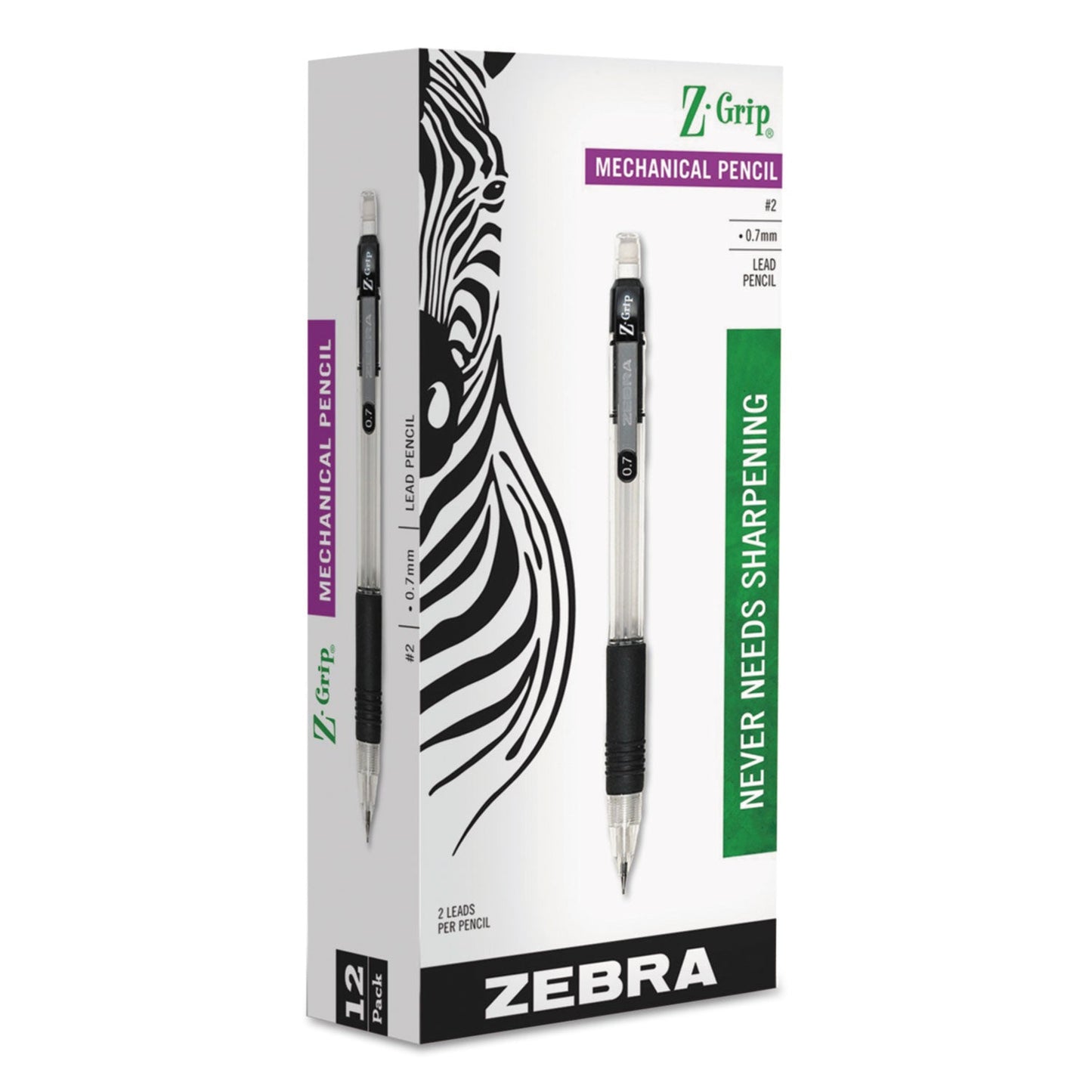 Zebra Z-Grip Mechanical Pencil, 0.7 mm, HB (#2.5), Black Lead, Clear/Black Grip Barrel, Dozen