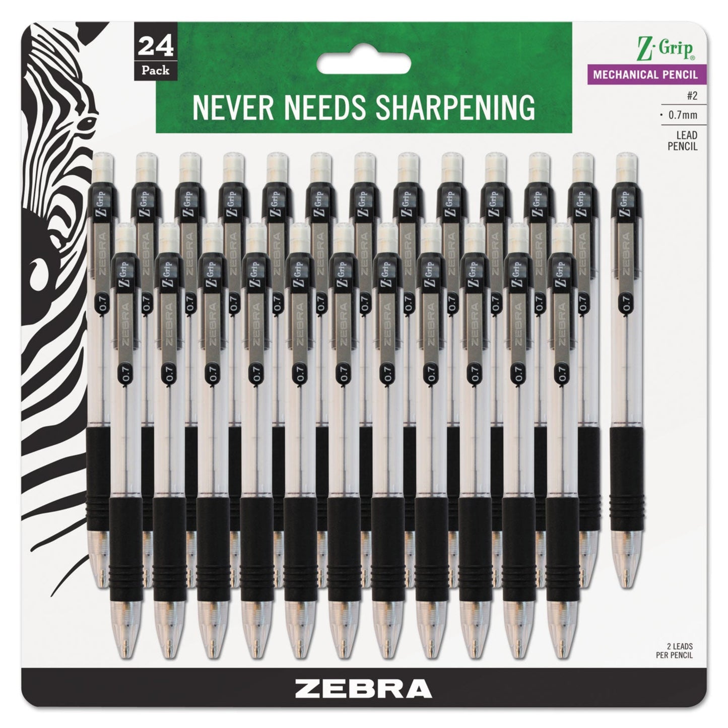 Zebra Z-Grip Mechanical Pencil, 0.7 mm, HB (#2.5), Black Lead, Clear/Black Grip Barrel, 24/Pack