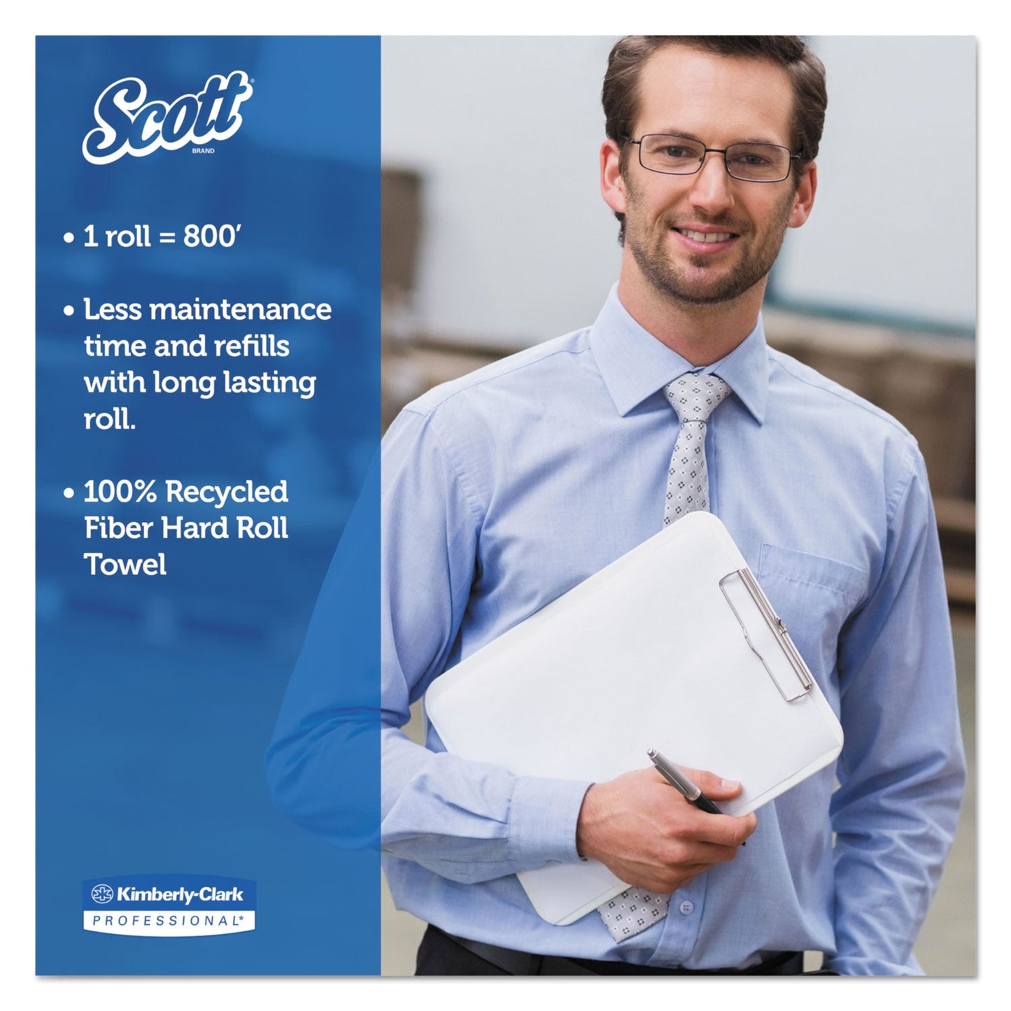 Scott Essential 100% Recycled Fiber Hard Roll Towel, 1.5" Core, 8" x 800 ft, White, 12/Carton