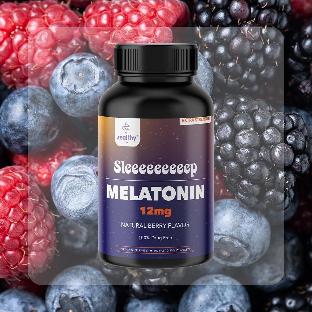 Melatonin 12mg Fast Dissolve Tablets – Natural Berry Flavor 100 Count – Extra Strength Sleep Support for Adults – Non Habit Forming 100 Day Supply
