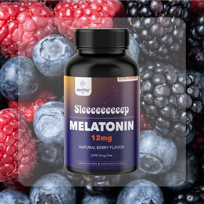 Melatonin 12mg Fast Dissolve Tablets – Natural Berry Flavor 100 Count – Extra Strength Sleep Support for Adults – Non Habit Forming 100 Day Supply