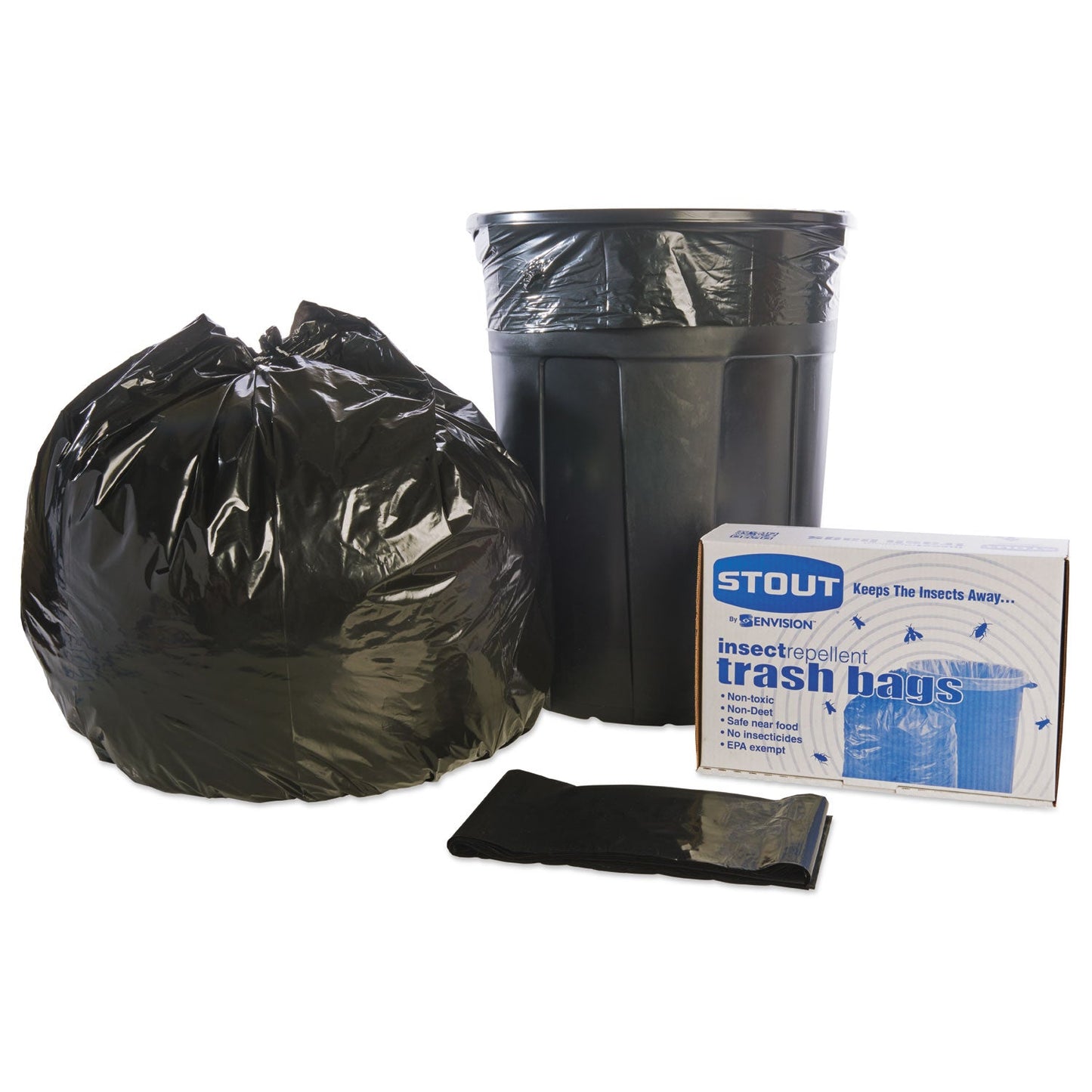 Stout Insect-Repellent Trash Bags, 45 gal, 2 mil, 40" x 45", Black, 65/Box