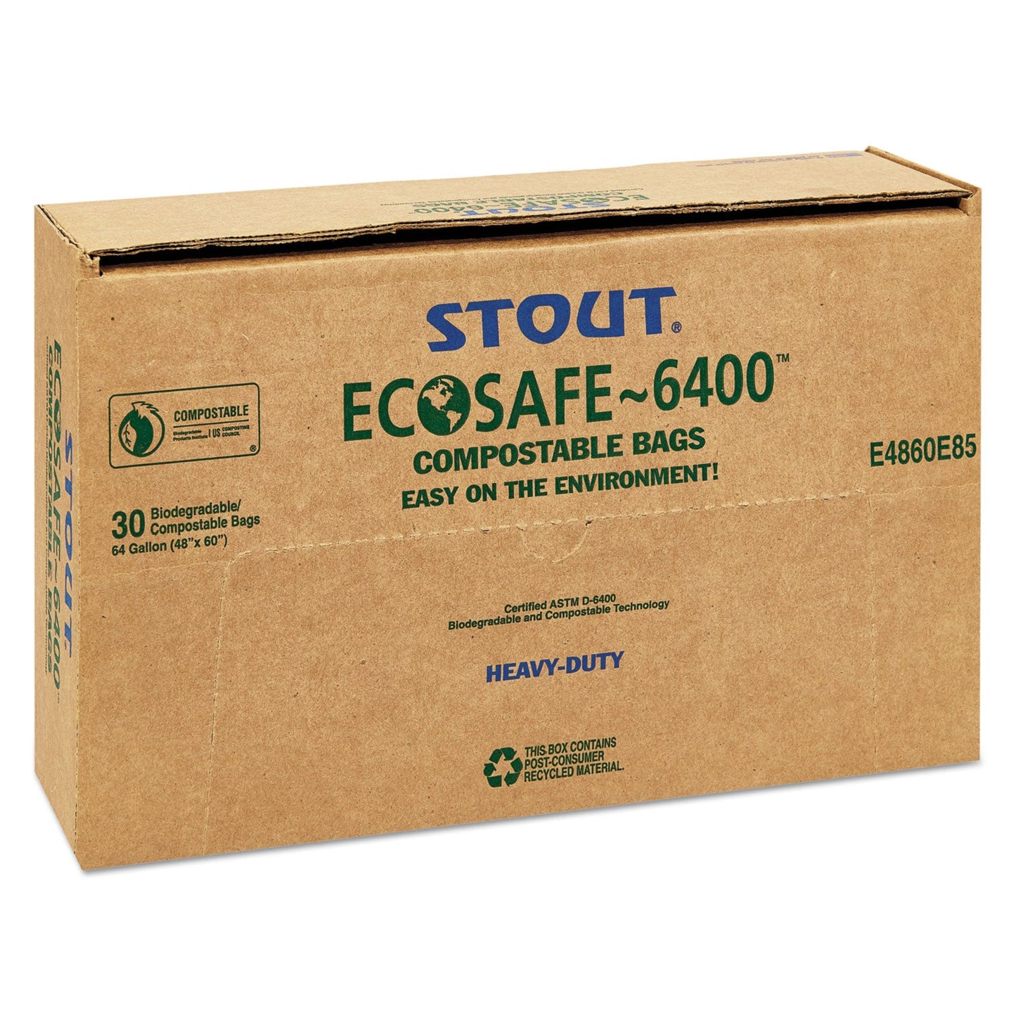 Stout EcoSafe-6400 Bags, 64 gal, 0.85 mil, 48" x 60", Green, 30/Box