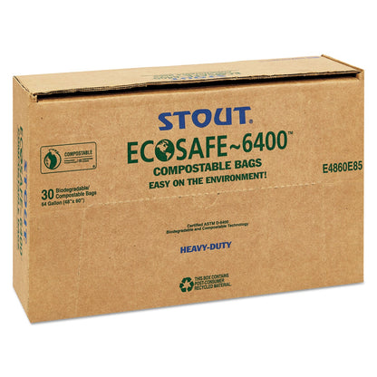 Stout EcoSafe-6400 Bags, 64 gal, 0.85 mil, 48" x 60", Green, 30/Box
