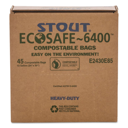 Stout EcoSafe-6400 Bags, 13 gal, 0.85 mil, 24" x 30", Green, 45/Box