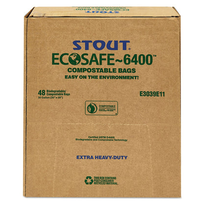 Stout EcoSafe-6400 Bags, 30 gal, 1.1 mil, 30" x 39", Green, 48/Box