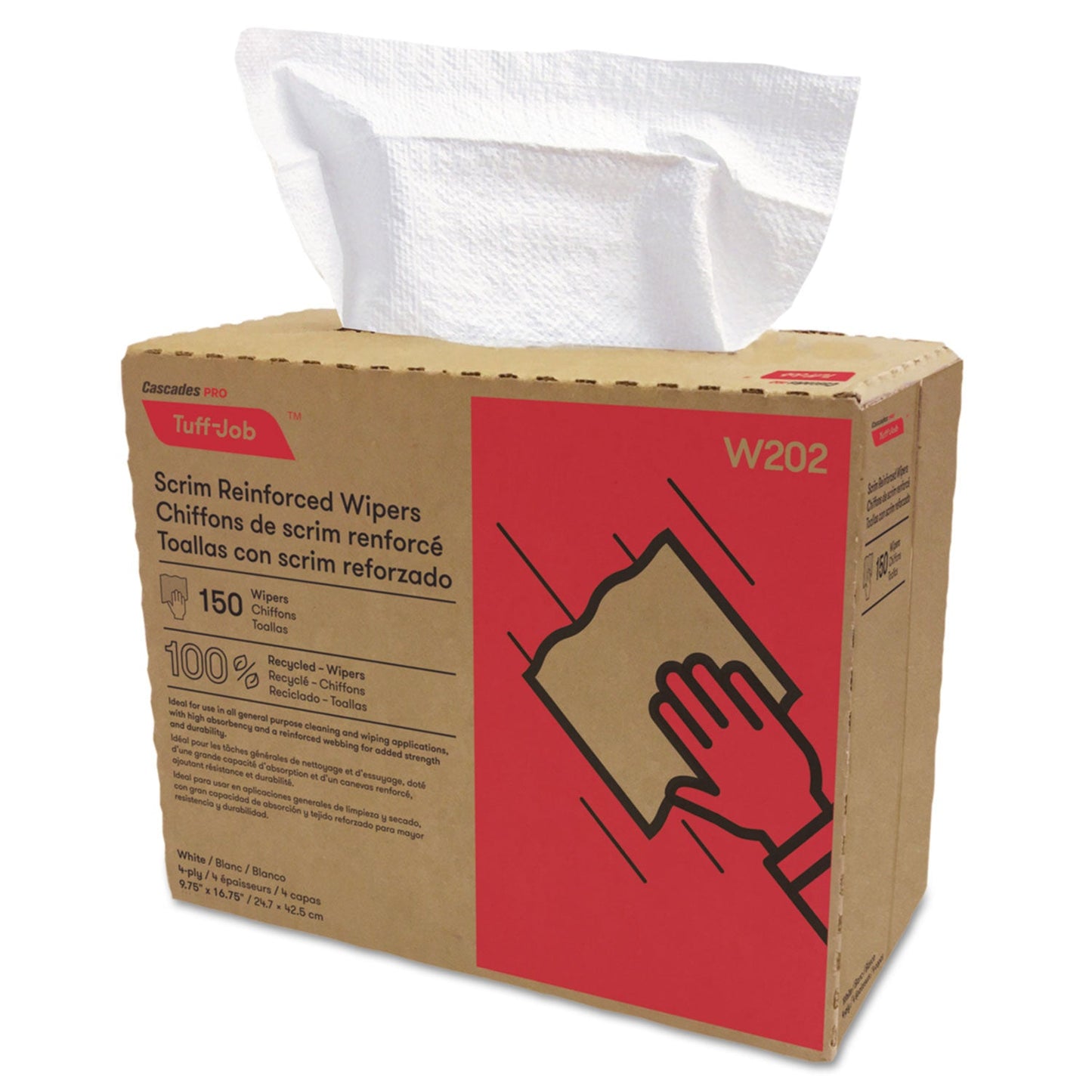 Cascades PRO Tuff-Job Scrim Reinforced Wipers, 4-Ply, 9.75 x 16.75, White, 150/Box, 6 Box/Carton