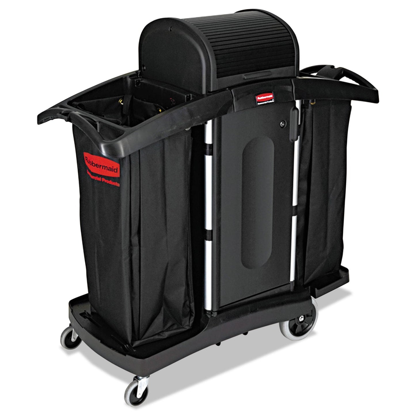Rubbermaid High-Security Housekeeping Cart, Plastic, 3 Shelves, 2 Bins, 22" x 51.75" x 53.5", Black/Silver