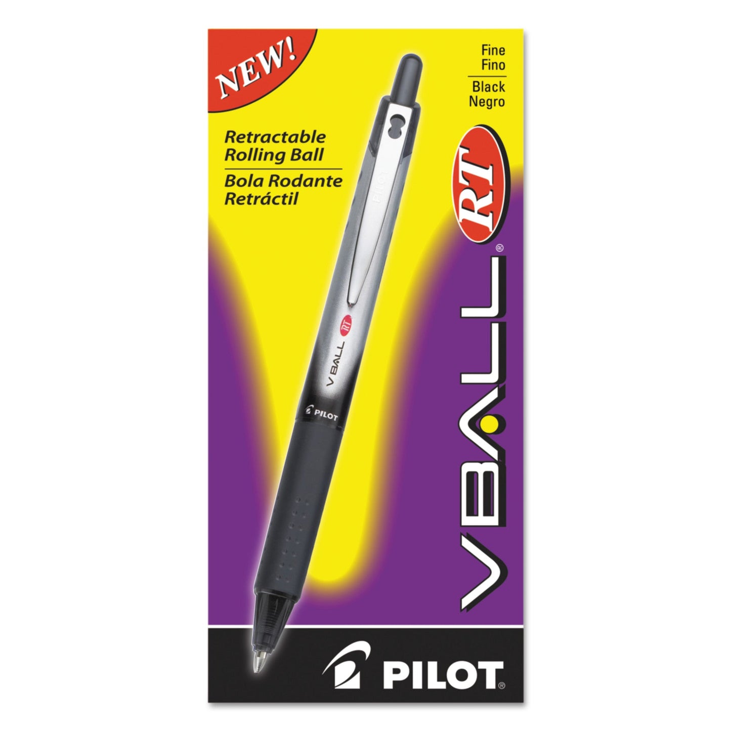 Pilot VBall RT Liquid Ink Roller Ball Pen, Retractable, Fine 0.7 mm, Black Ink, Black/White Barrel