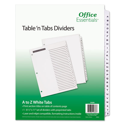 Office Essentials Table 'n Tabs Dividers, 26-Tab, A to Z, 11 x 8.5, White, White Tabs, 1 Set