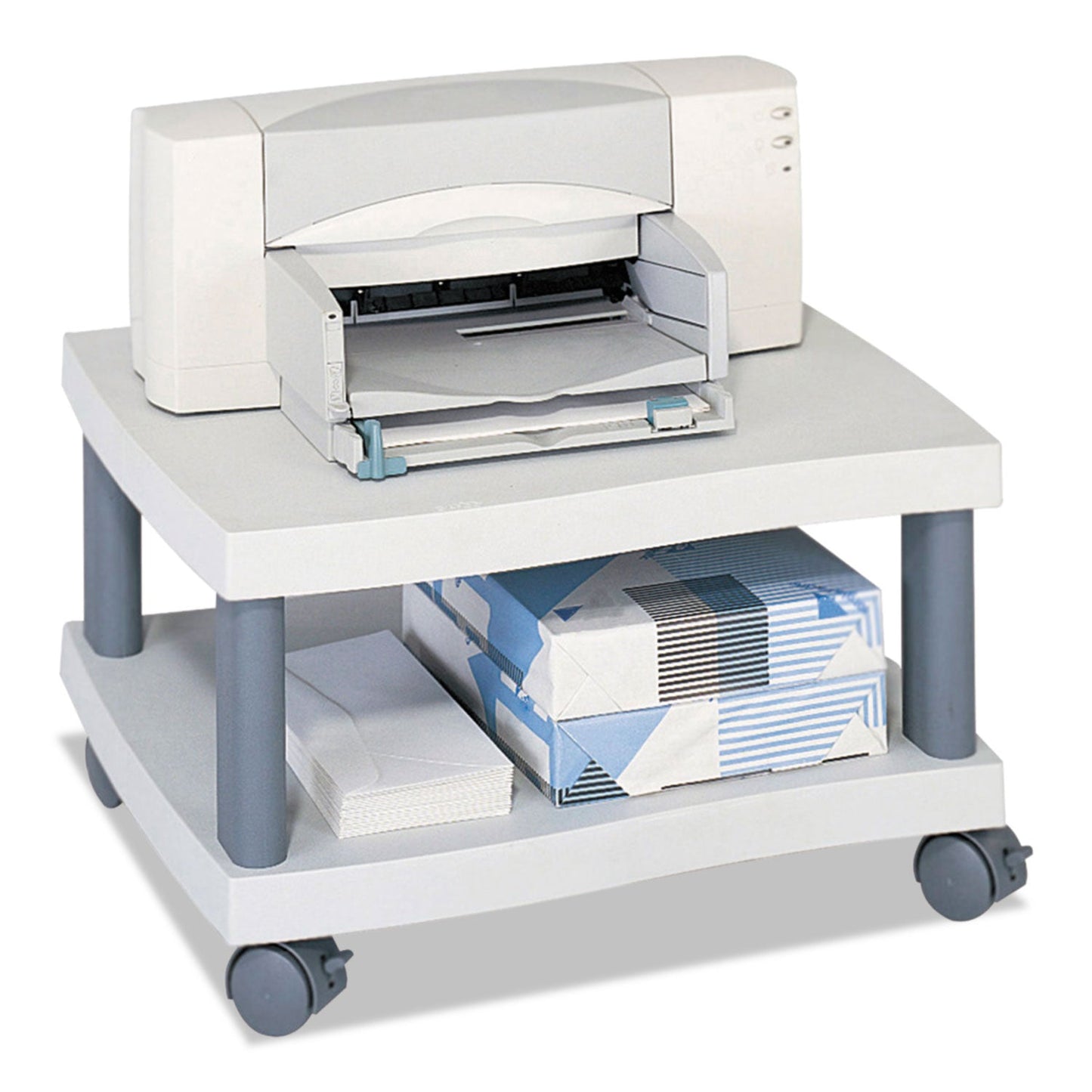 Safco Wave Design Under-Desk Printer Stand, Plastic, 2 Shelves, 20" x 17.5" x 11.5", White/Charcoal Gray