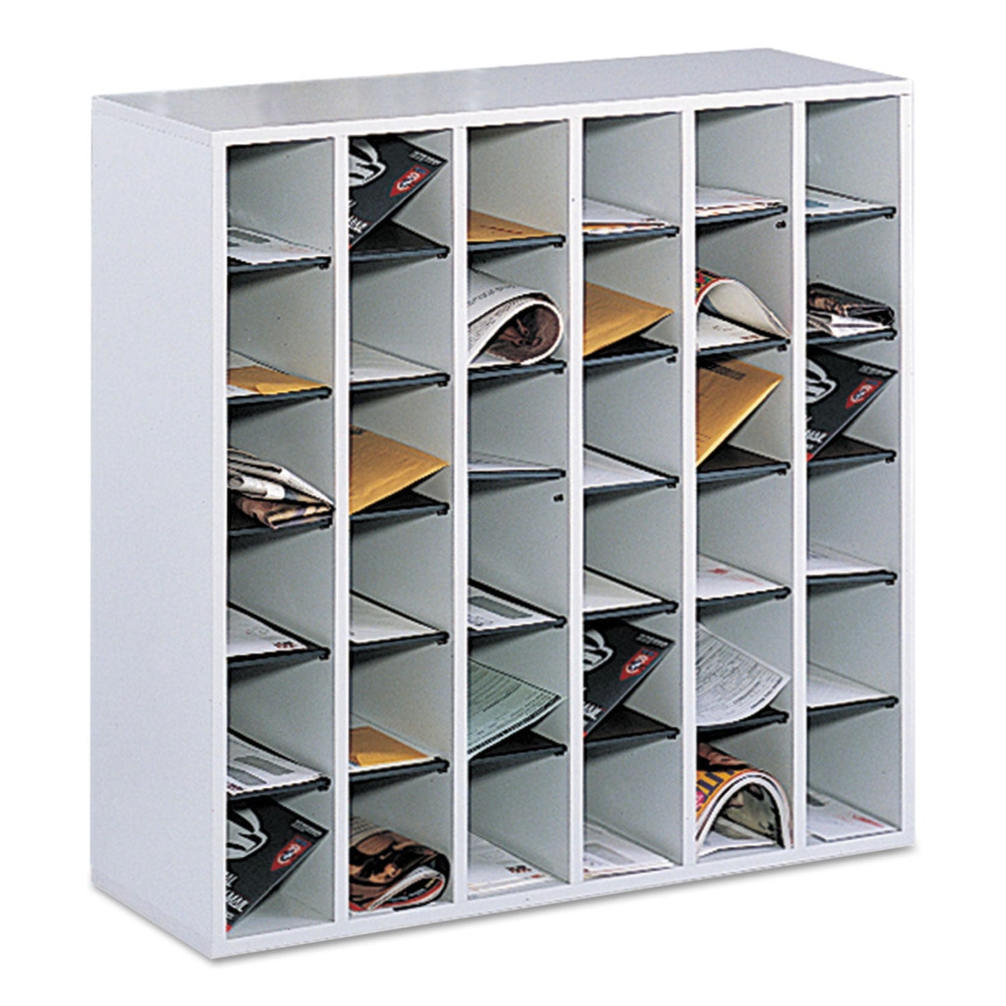 Safco Wood Mail Sorter with Adjustable Dividers, Stackable, 36 Compartments, 33.75 x 12 x 32.75, Gray