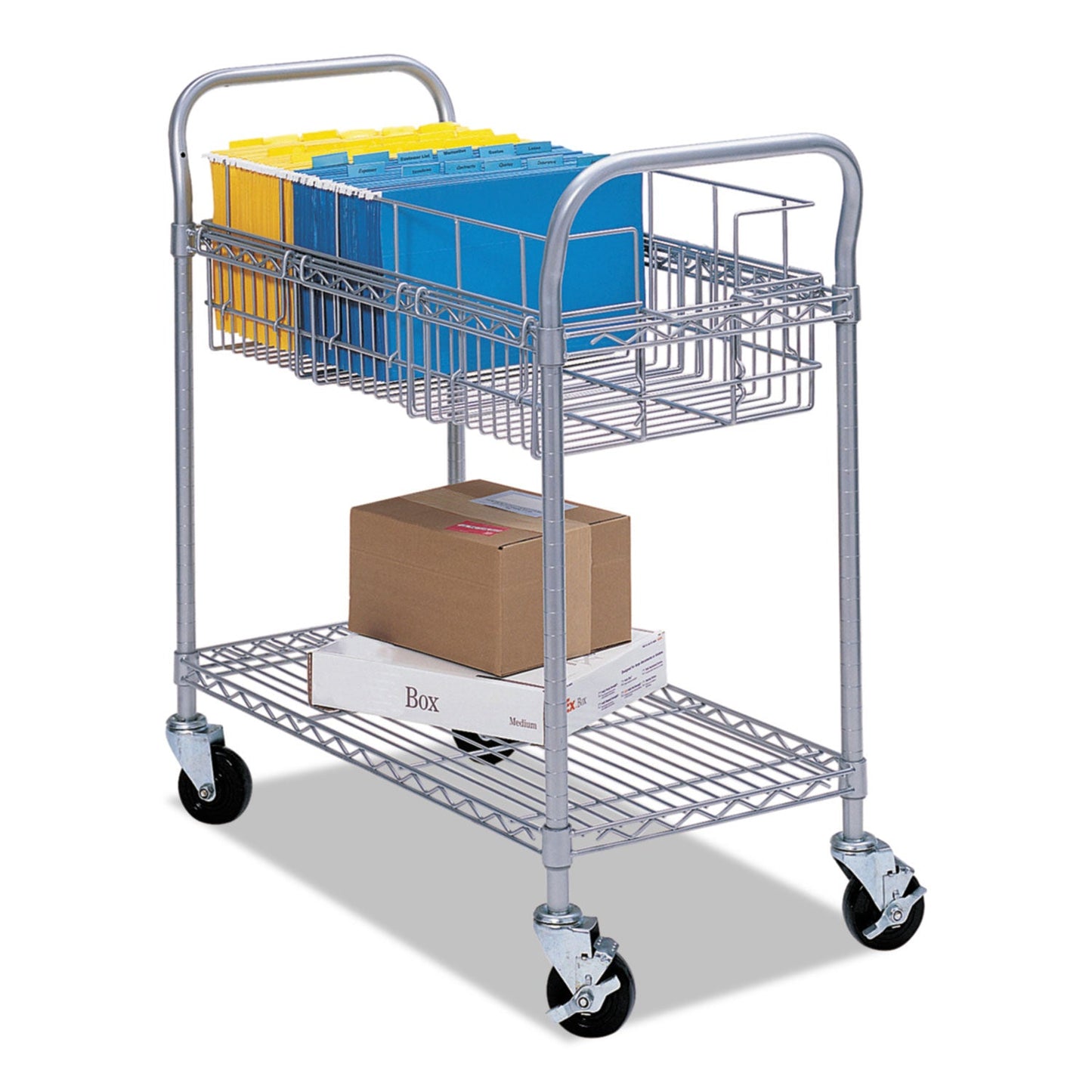 Safco Dual-Purpose Wire Mail and Filing Cart, Metal, 1 Shelf, 1 Bin, 26.75" x 18.75" x 38.5", Metallic Gray