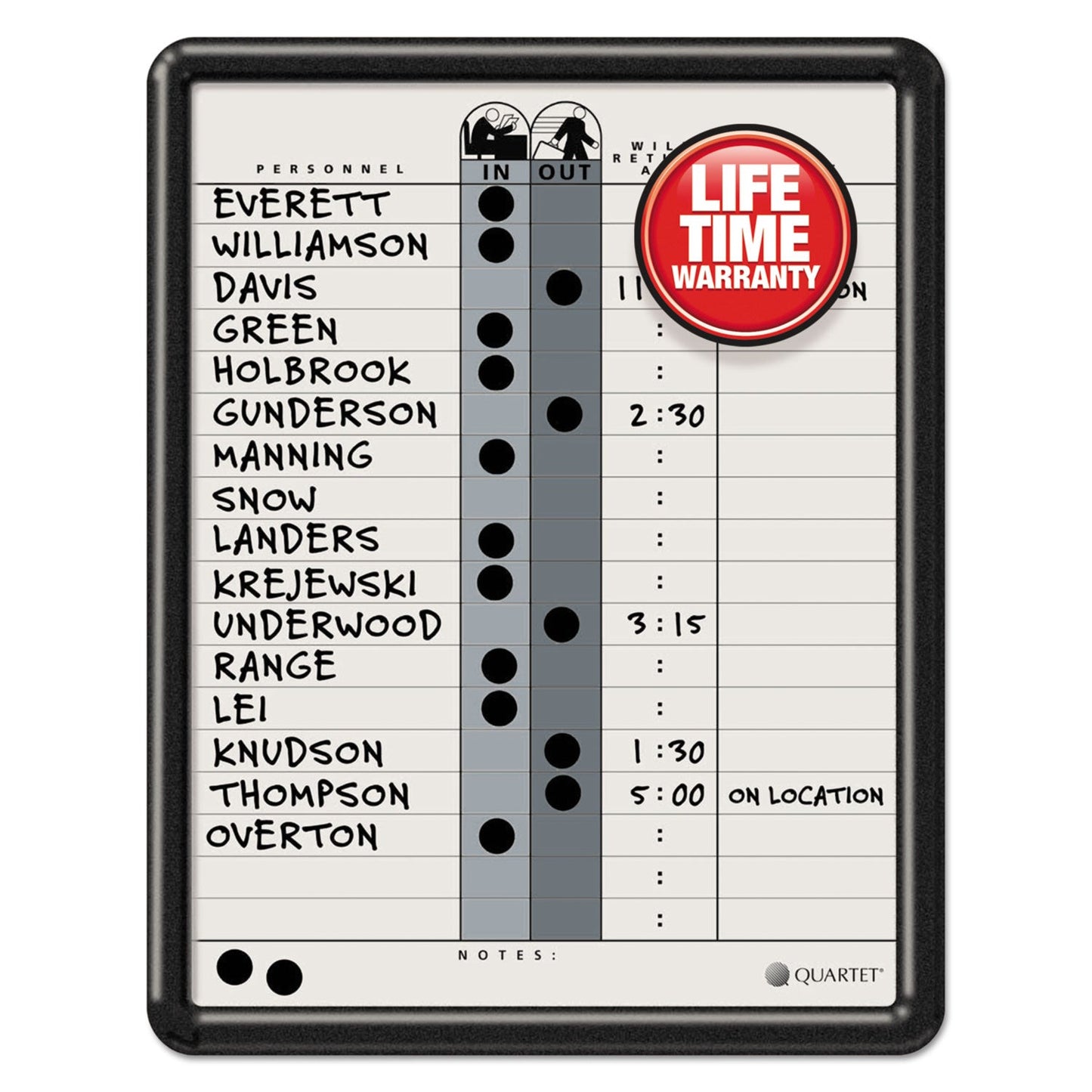 Quartet Employee In/Out Board, Porcelain, 11 x 14, Gray, Black Plastic Frame