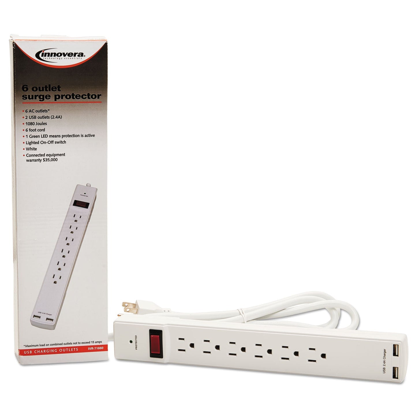 Innovera Surge Protector, 6 AC Outlets/2 USB Ports, 6 ft Cord, 1,080 J, White
