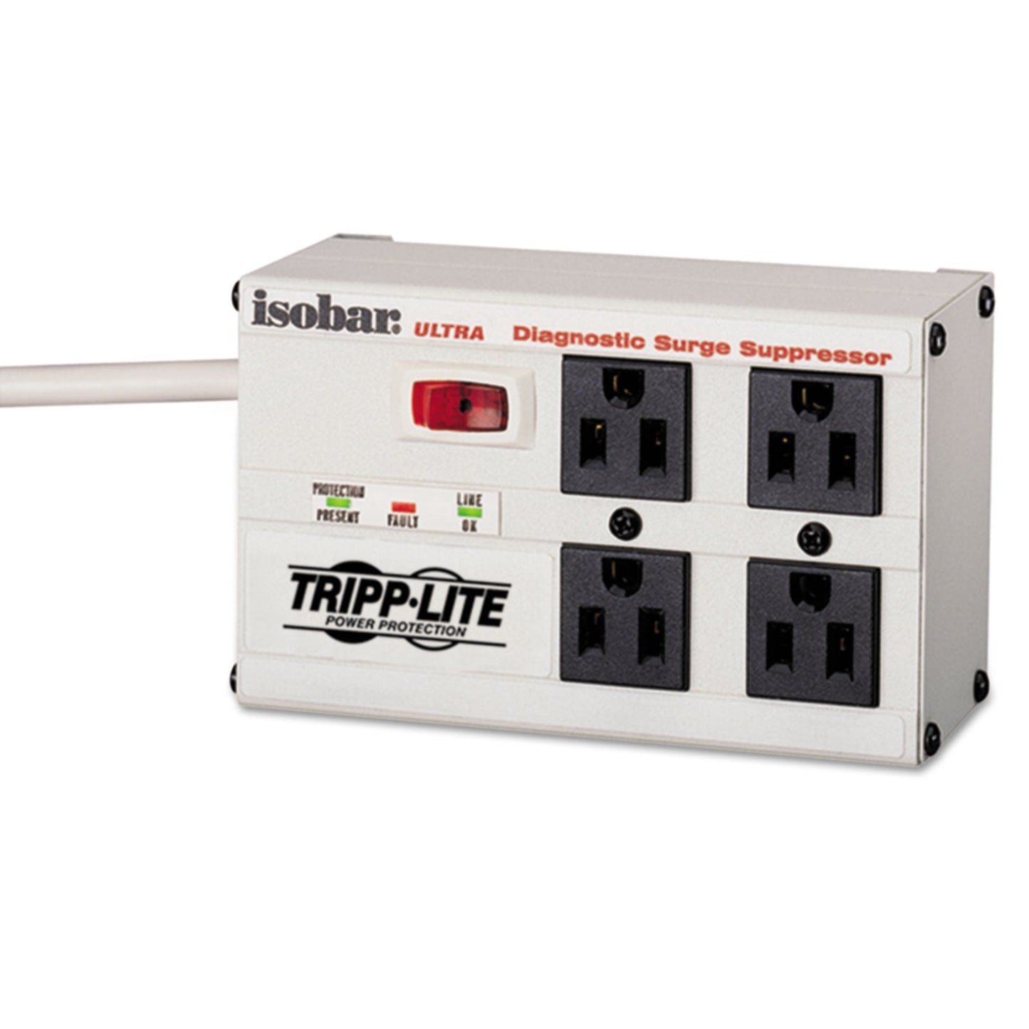 Tripp Lite Isobar Surge Protector with Diagnostic LEDs, 4 AC Outlets, 6 ft Cord, 3,330 J, Light Gray
