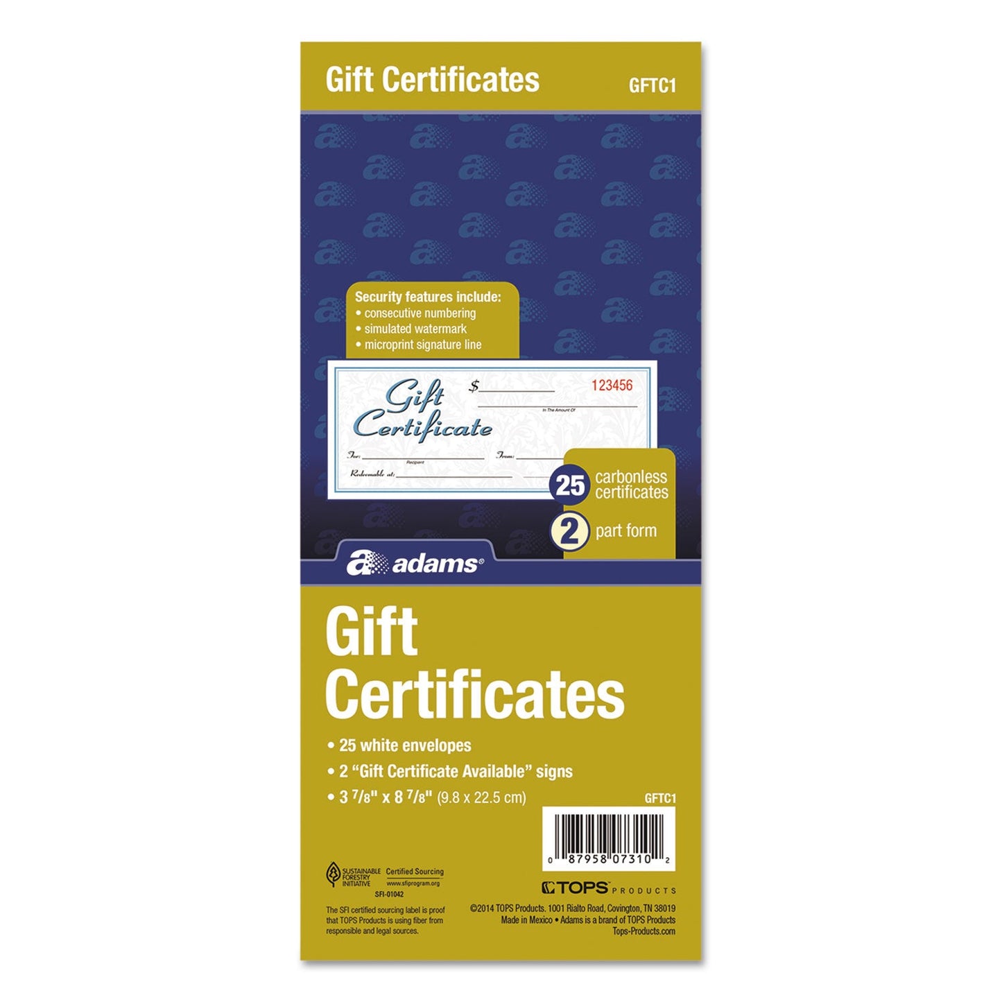 Adams Gift Certificates with Envelopes, 8 x 3.4, White/Canary, 25/Book