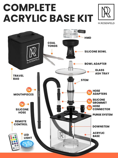 YADO Complete Acrylic Base Kit – Square Design with Charcoal Holder, LED Light Remote (12 Colors), Big Black Silicone Bowl & Carrying Bag – AllInOne Portable Set