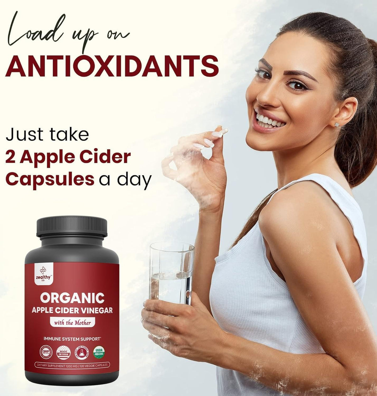 Organic Apple Cider Vinegar with The Mother – 1200mg Capsules for Optimal Wellness, GlutenFree, NonGMO, 120 Veggie Capsules – Zealthy Life