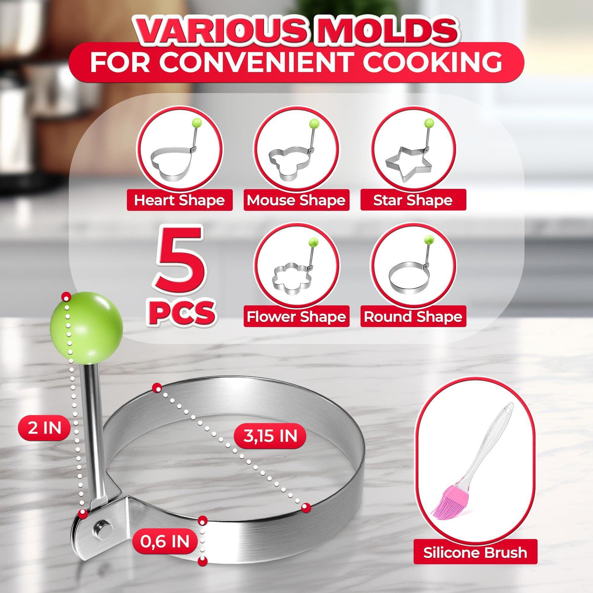5 Pcs Pancake Mold Set – Stainless Steel Pancake Molds for Griddle with Fun Shapes Comfortable Handles and Non Slip Design – Egg Shaper for Frying Pan With Silicone Brush for Easy Use & Cleaning