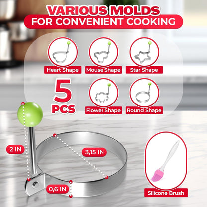 5 Pcs Pancake Mold Set – Stainless Steel Pancake Molds for Griddle with Fun Shapes Comfortable Handles and Non Slip Design – Egg Shaper for Frying Pan With Silicone Brush for Easy Use & Cleaning