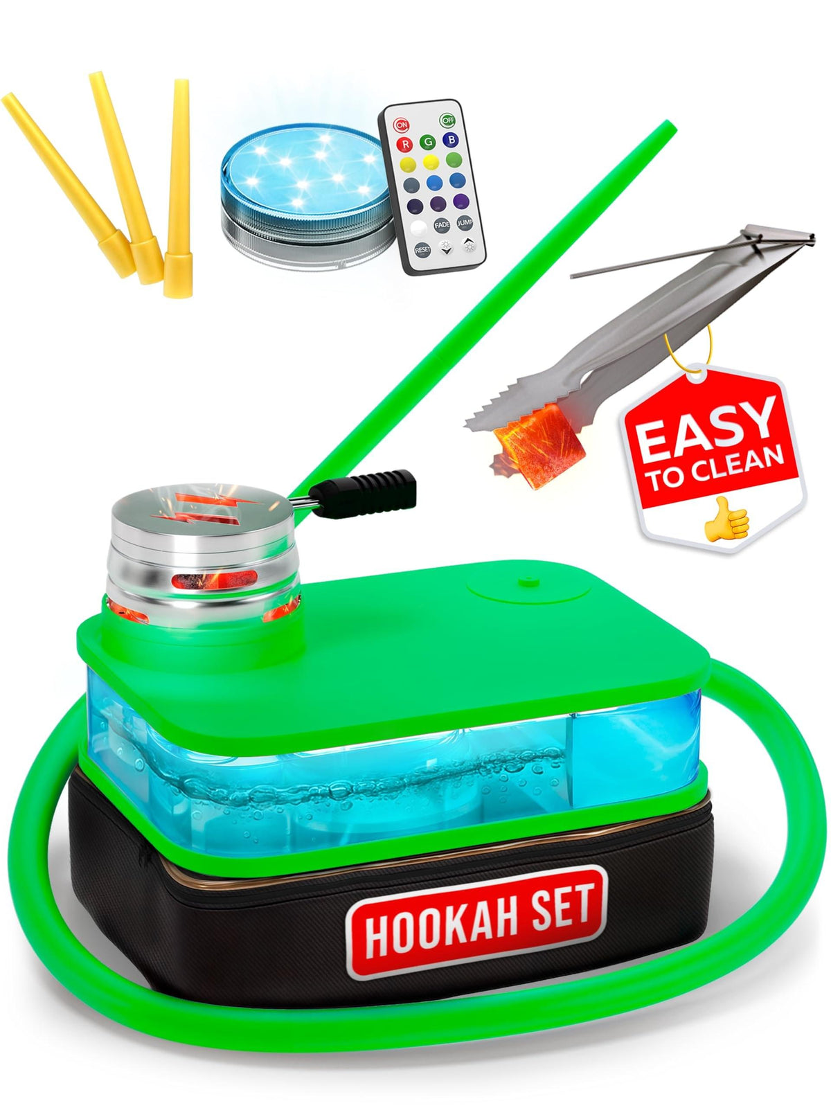 M. ROSENFELD Green Hookah Set With Everything  Premium Small Hookah Set For Travel With Case  Green Hooka With Case With Charcoal Holder & Coal Cover  M. ROSENFELD Travel Hooka Set With Everything