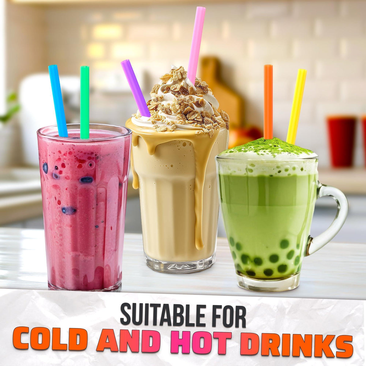 Large Pack of 300 Boba Straws Individually Wrapped – Thick Smoothie Straws Disposable for Milkshakes Bubble Tea Ice Lattes & Lemonade Bar Supplies – (0.4  Wide 9.25  Tall) 8 Colors Smooth Edges