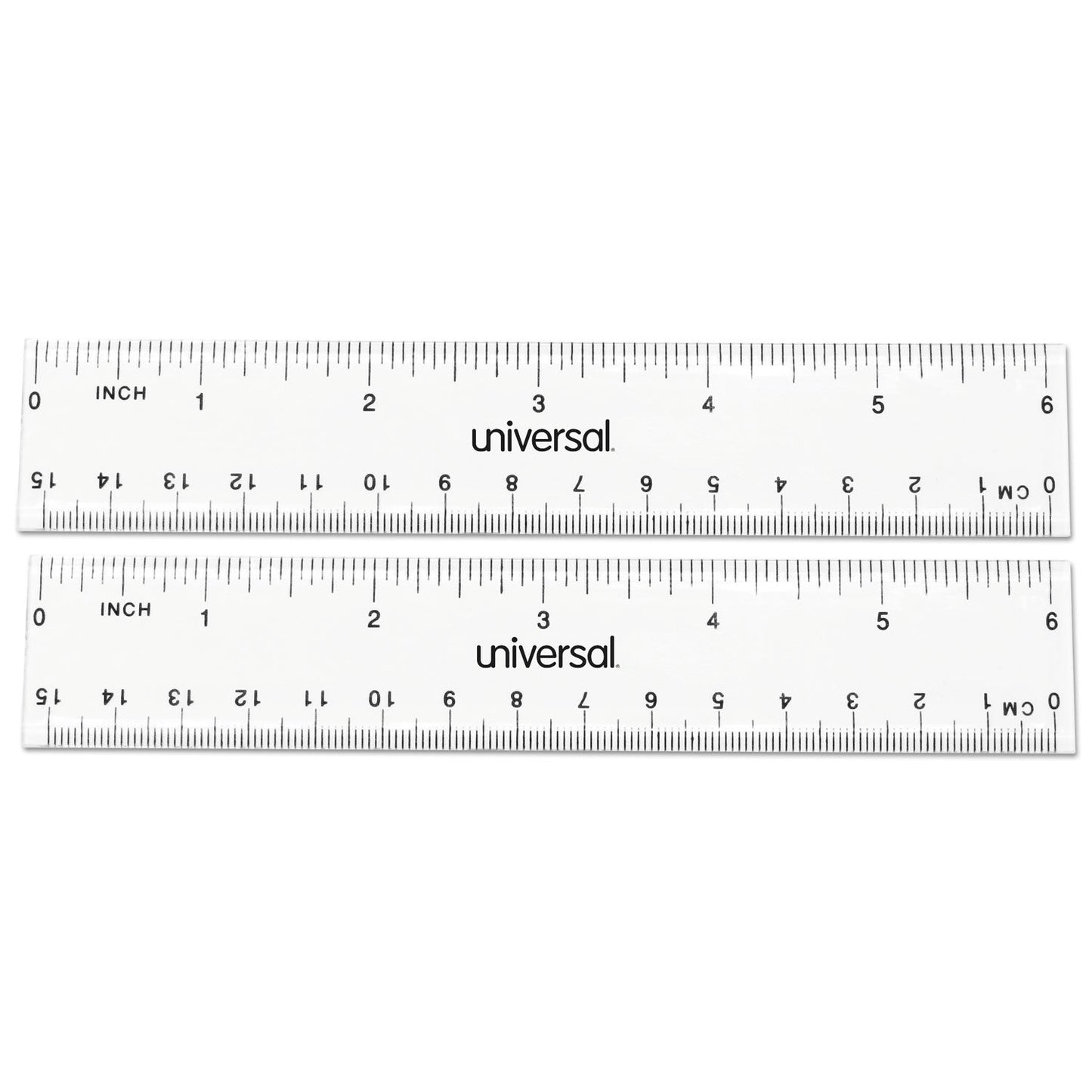 Universal Clear Plastic Ruler, Standard/Metric, 6" Long, Clear, 2/Pack