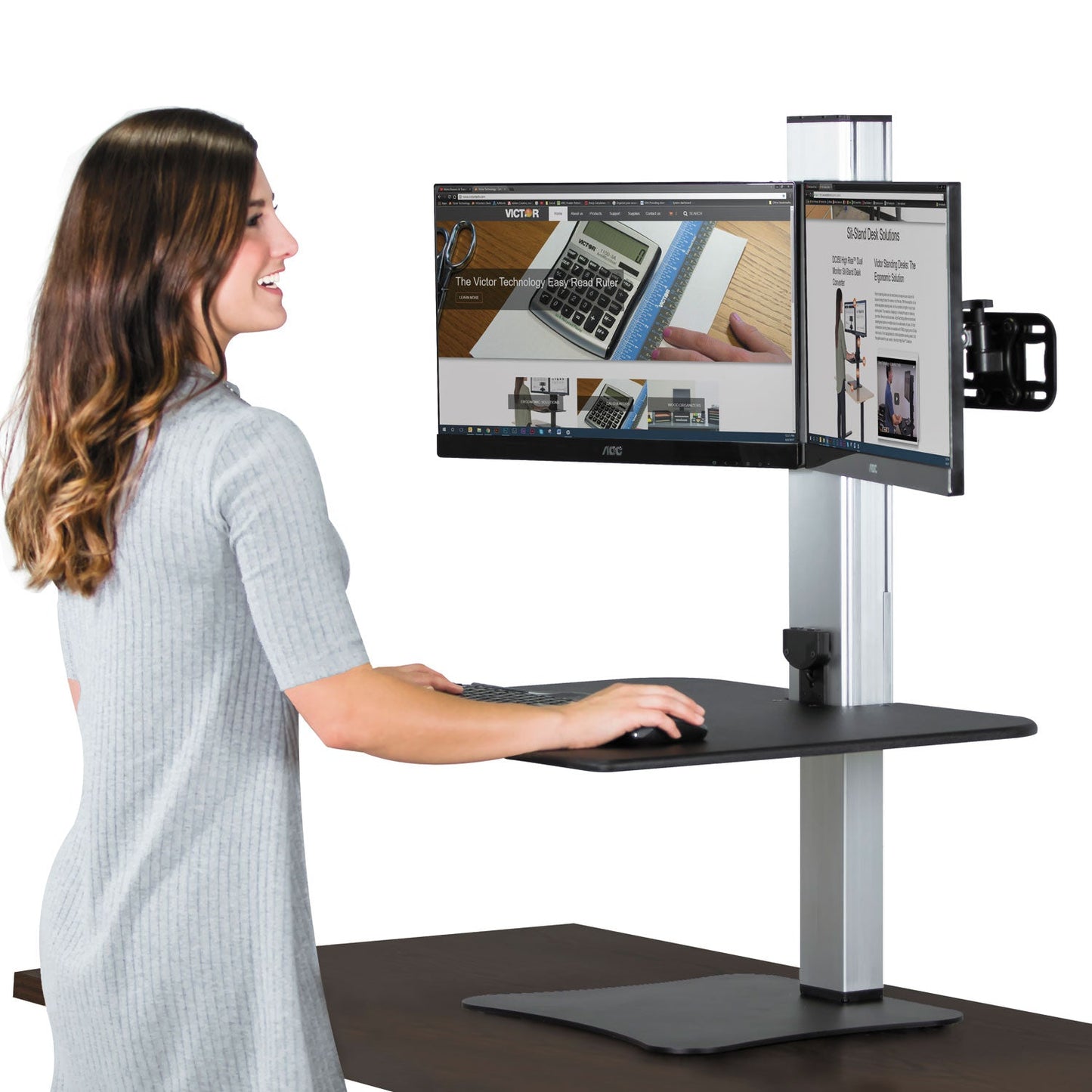 Victor High Rise Electric Dual Monitor Standing Desk Workstation, 28" x 23" x 20.25", Black/Aluminum