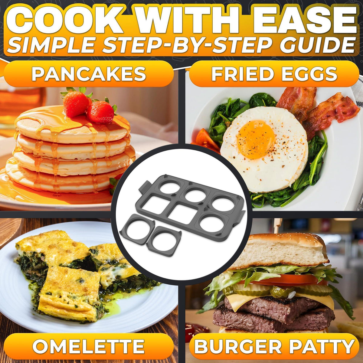 Silicone Egg Rings for Frying Eggs 16.5 x8.9 inch 6 Ring Removable Silicone Egg Molds for Griddle 12 Shapes 6 Round & 6 Square Non Stick & Heat Resistant Ergonomic Handles for Easy Cooking