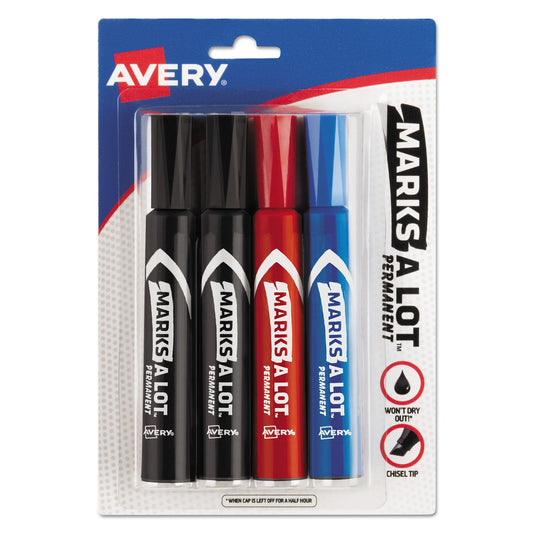 Avery MARKS A LOT Regular Desk-Style Permanent Marker, Broad Chisel Tip, Assorted Colors, 4/Set (7905)