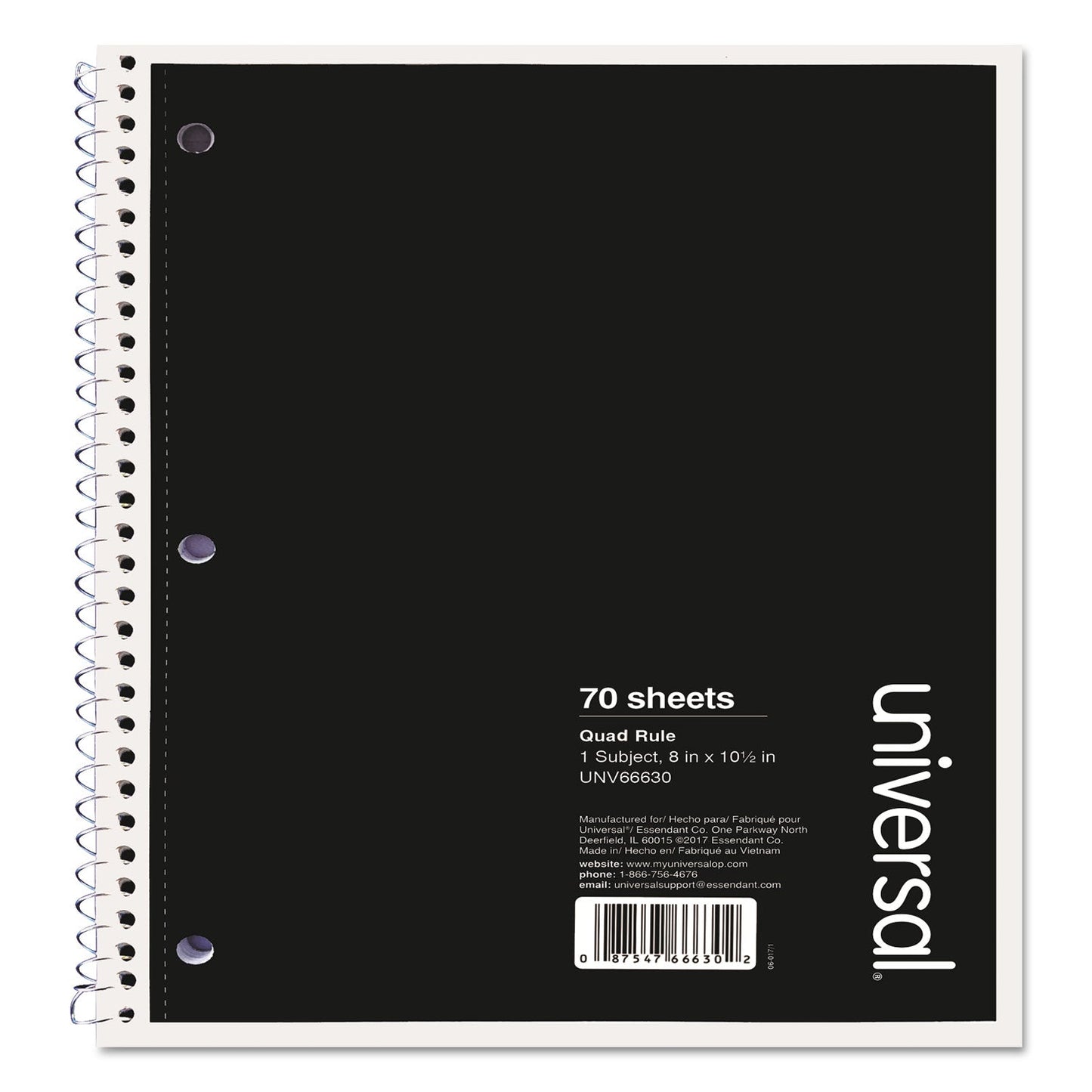 Universal Wirebound Notebook, 1 Subject, Quadrille Rule, Black Cover, 10.5 x 8, 70 Sheets