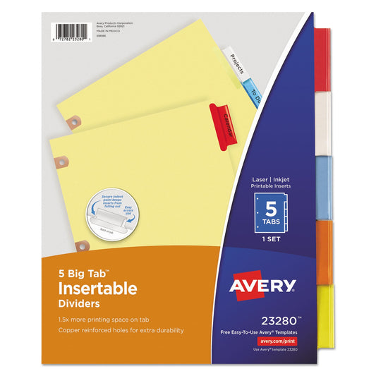 Avery Insertable Big Tab Dividers, 5-Tab, Single-Sided Copper Edge Reinforcing, 11 x 8.5, Buff, Assorted Tabs, 1 Set