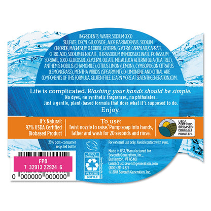 Seventh Generation Natural Hand Wash, Purely Clean, Fresh Lemon and Tea Tree, 12 oz Pump Bottle, 8/Carton