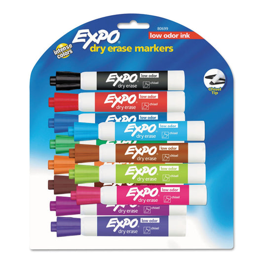 EXPO Low-Odor Dry-Erase Marker, Broad Chisel Tip, Assorted Colors, 12/Set