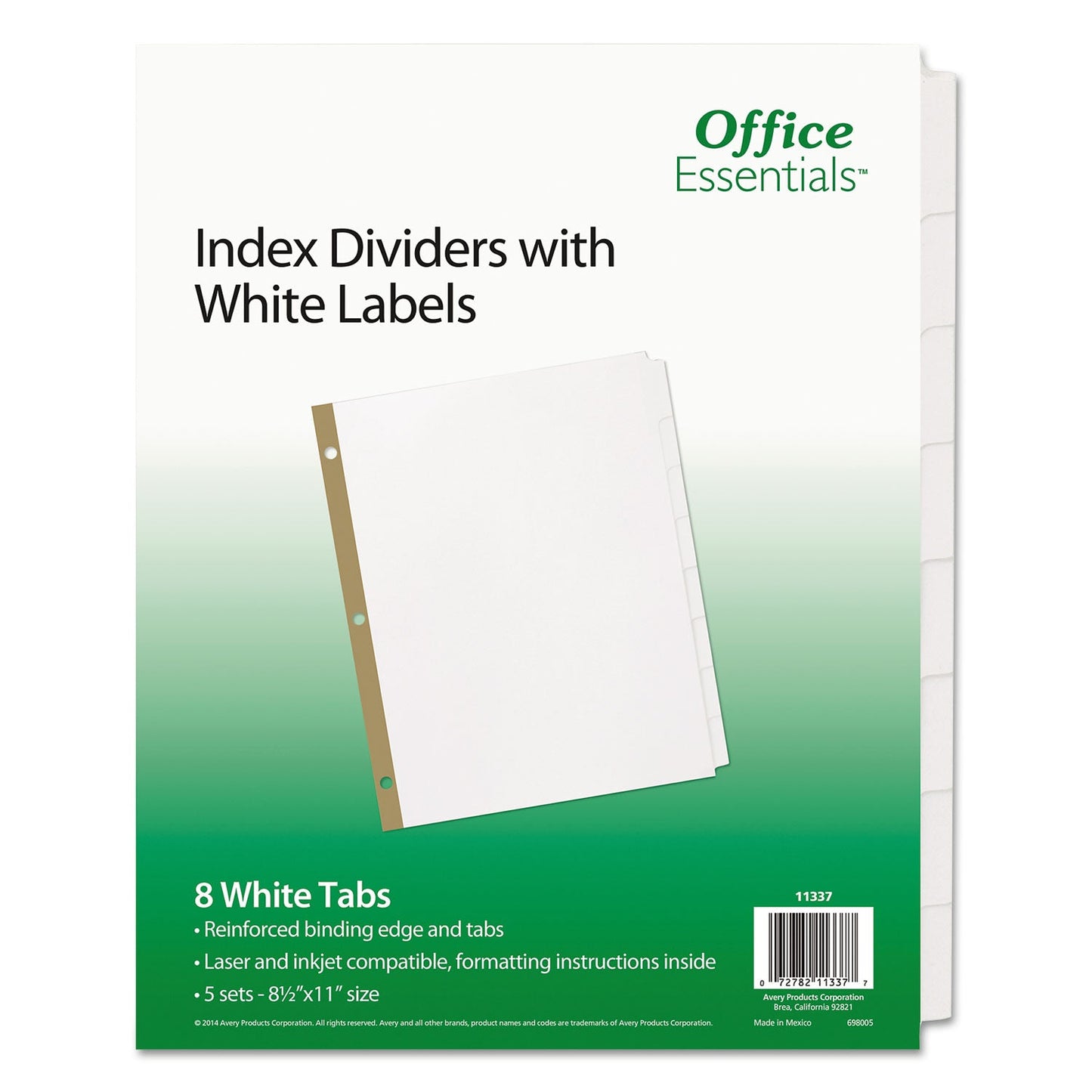 Office Essentials Index Dividers with White Labels, 8-Tab, 11 x 8.5, White, 5 Sets