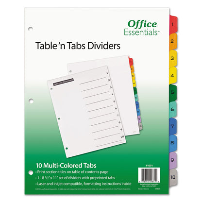Office Essentials Table 'n Tabs Dividers, 10-Tab, 1 to 10, 11 x 8.5, White, Assorted Tabs, 1 Set