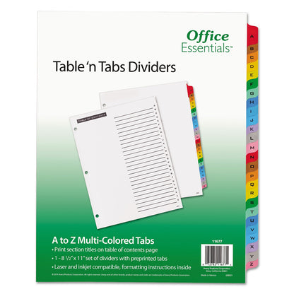 Office Essentials Table 'n Tabs Dividers, 26-Tab, A to Z, 11 x 8.5, White, Assorted Tabs, 1 Set