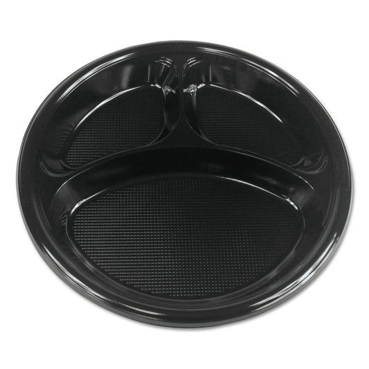 Boardwalk Hi-Impact Plastic Dinnerware, Plate, 3-Compartment, 10" dia, Black, 500/Carton