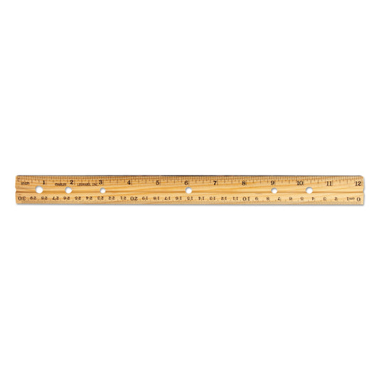 Charles Leonard Beveled Wood Ruler w/Single Metal Edge, 3-Hole Punched, Standard/Metric, 12" Long, Natural, 36/Box