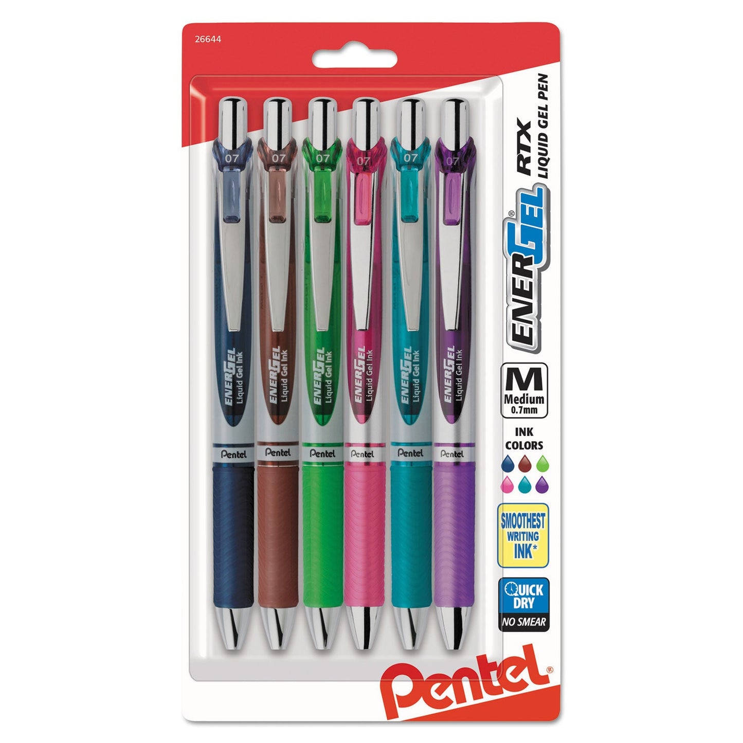 Pentel EnerGel RTX Gel Pen, Retractable, Medium 0.7 mm, Assorted Ink and Barrel Colors, 6/Pack