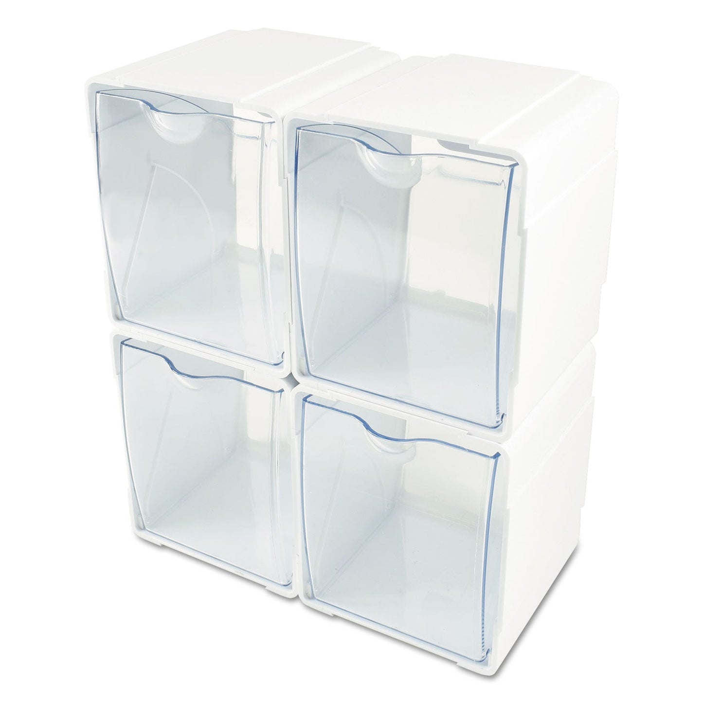 deflecto Tilt Bin Interlocking 4-Bin Organizer, Plastic, 4.63 x 4.88 x 5.5, White/Clear