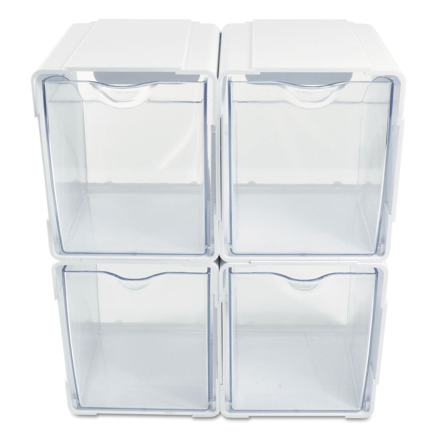 deflecto Tilt Bin Interlocking 4-Bin Organizer, Plastic, 4.63 x 4.88 x 5.5, White/Clear