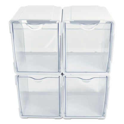 deflecto Tilt Bin Interlocking 4-Bin Organizer, Plastic, 4.63 x 4.88 x 5.5, White/Clear