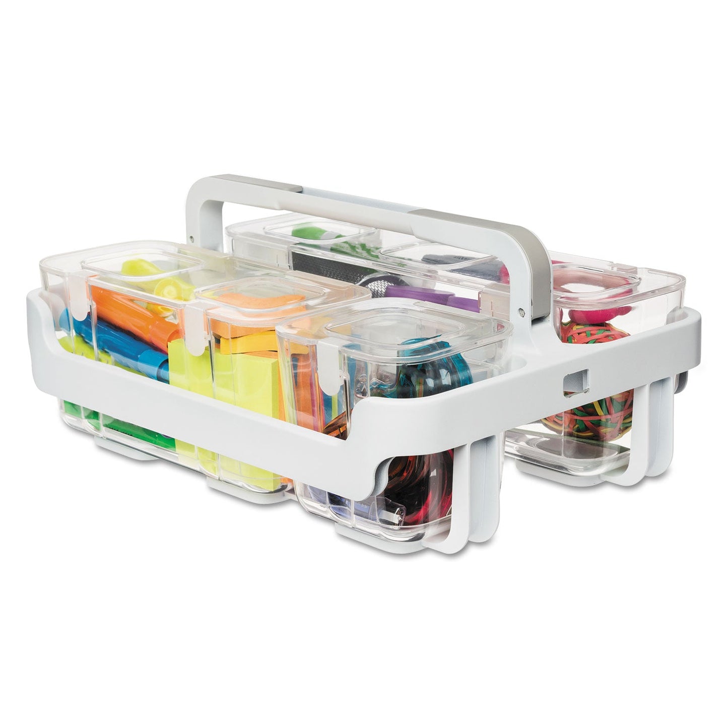 deflecto Stackable Caddy Organizer with S, M and L Containers, Plastic, 10.5 x 14 x 6.5, White Caddy/Clear Containers