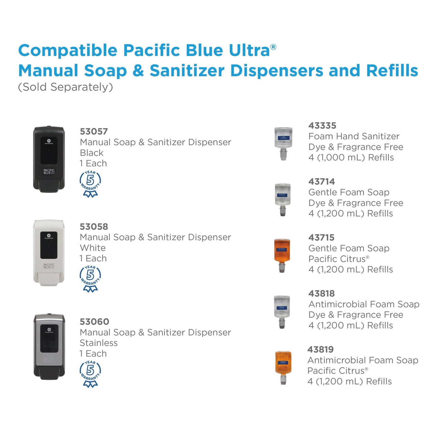 Georgia Pacific Pacific Blue Ultra Foam Soap Manual Dispenser Refill, Antimicrobial, Pacific Citrus, 1,200 mL, 4/Carton