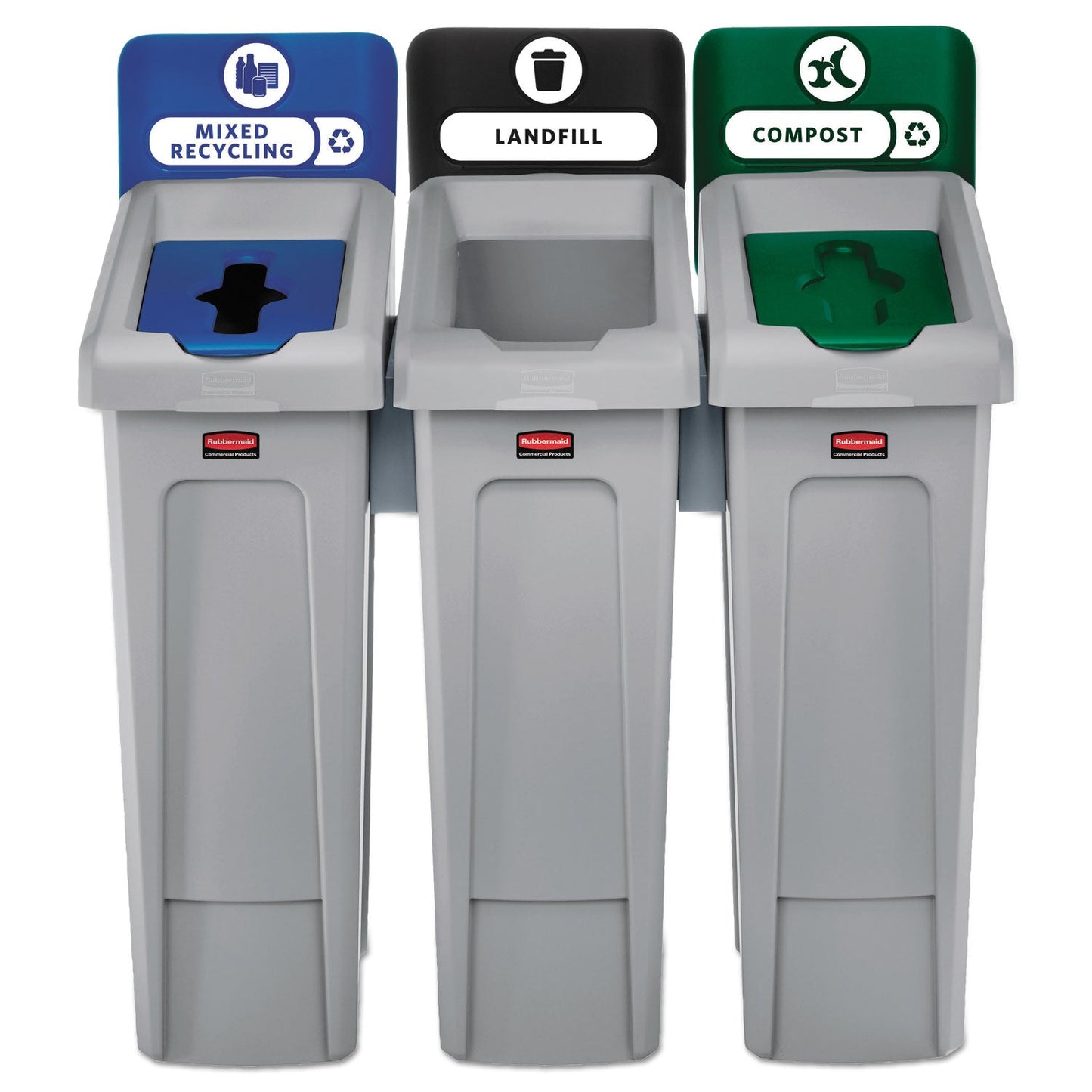 Rubbermaid Slim Jim Recycling Station Kit, 69 gal, 3-Stream Landfill/Mixed Recycling