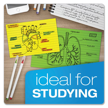Oxford Ruled Index Cards, 3 x 5, Glow Green/Yellow, Orange/Pink, 100/Pack