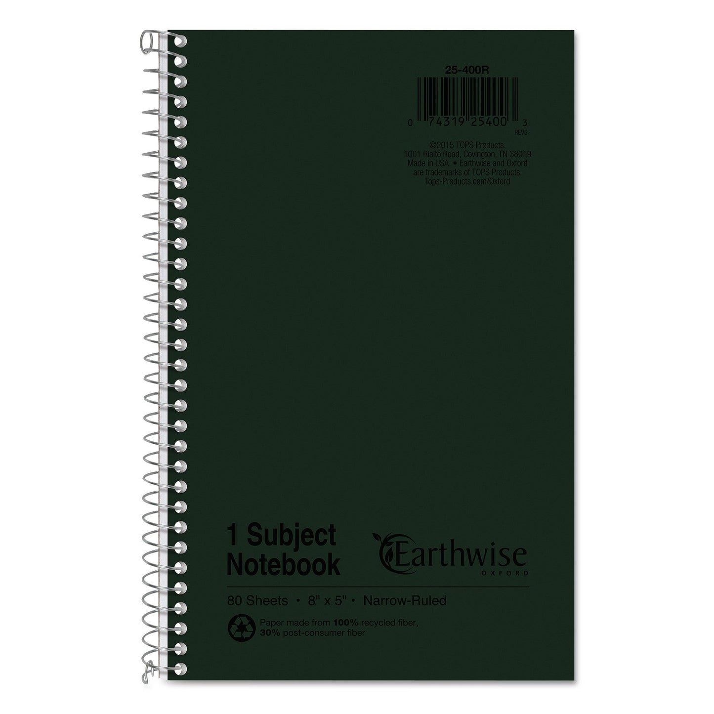 Oxford Earthwise by Oxford Recycled One-Subject Notebook, Narrow Rule, Green Cover, 8 x 5, 80 Sheets